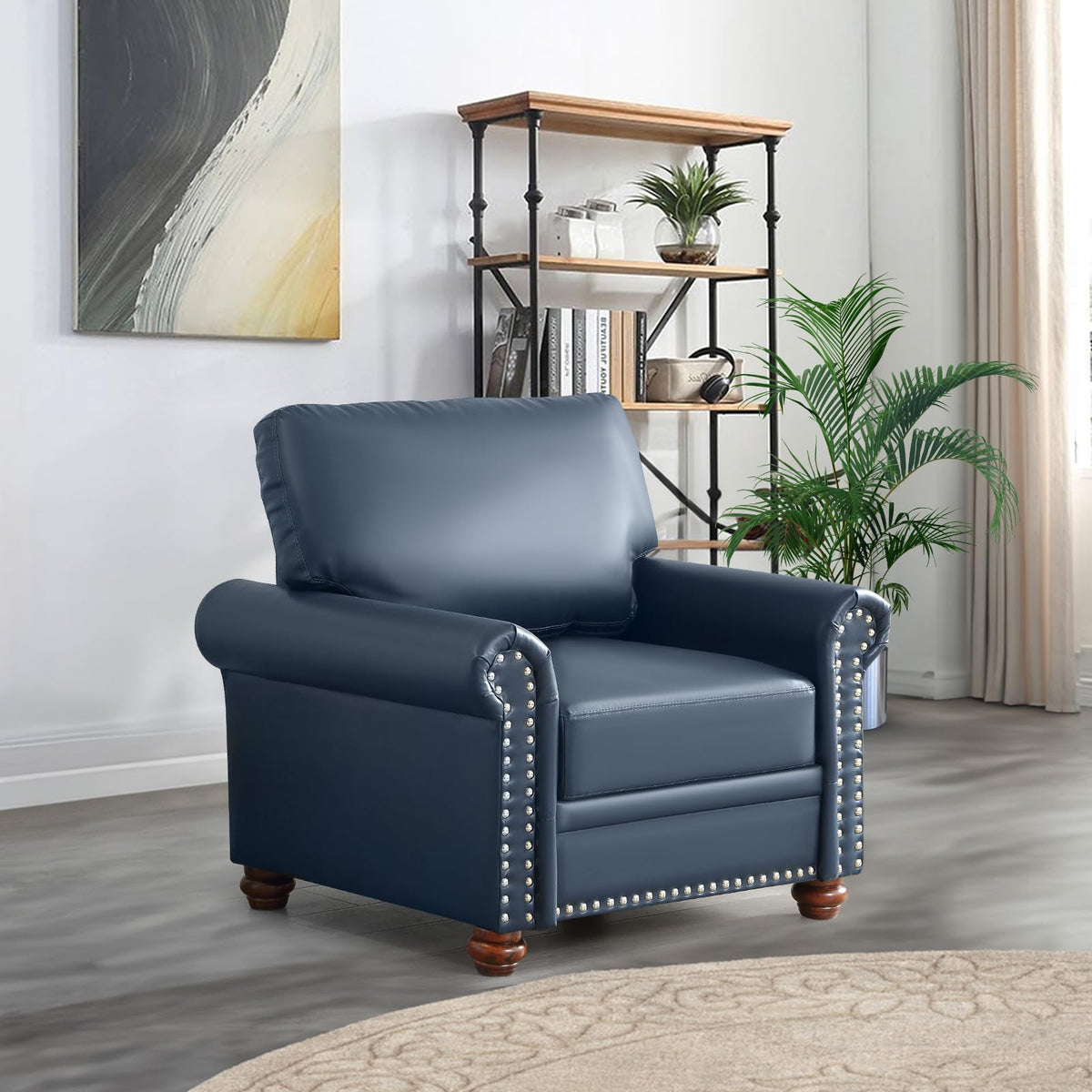 2 Piece Faux Leather Sofa Set,Modern Couch and Loveseat Sets with Storage,Mid Century Couch with Rivet Rolled Arm,Comfy Deep Seat Sofa,Furniture for Living Room,Office(Loveseat+3 Seater,Navy)