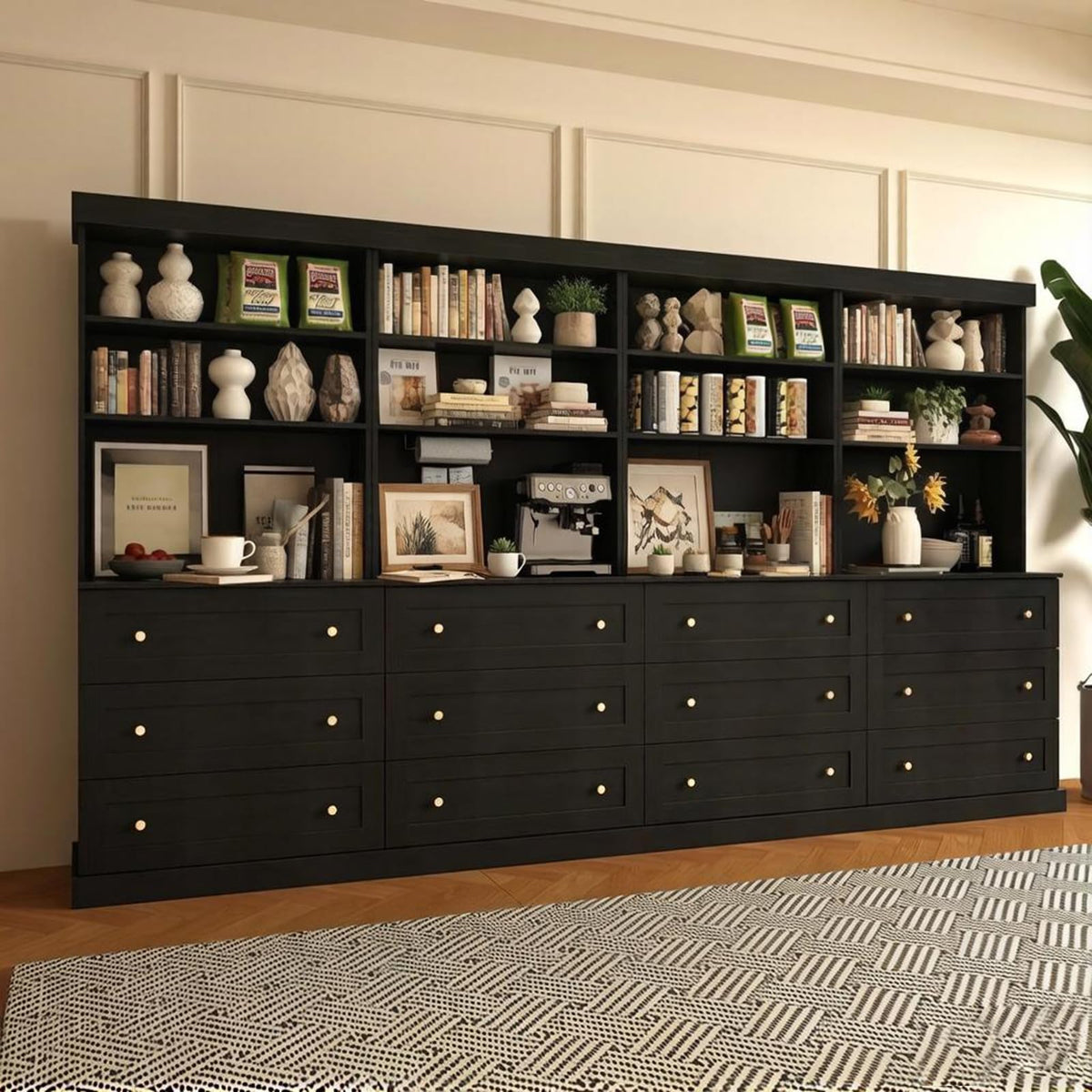 Vyre 71" Black Modular Farmhouse Bookcase Set of 3, Expandable Storage Cabinets with Glass Doors or Drawers for Home Office and Study Room