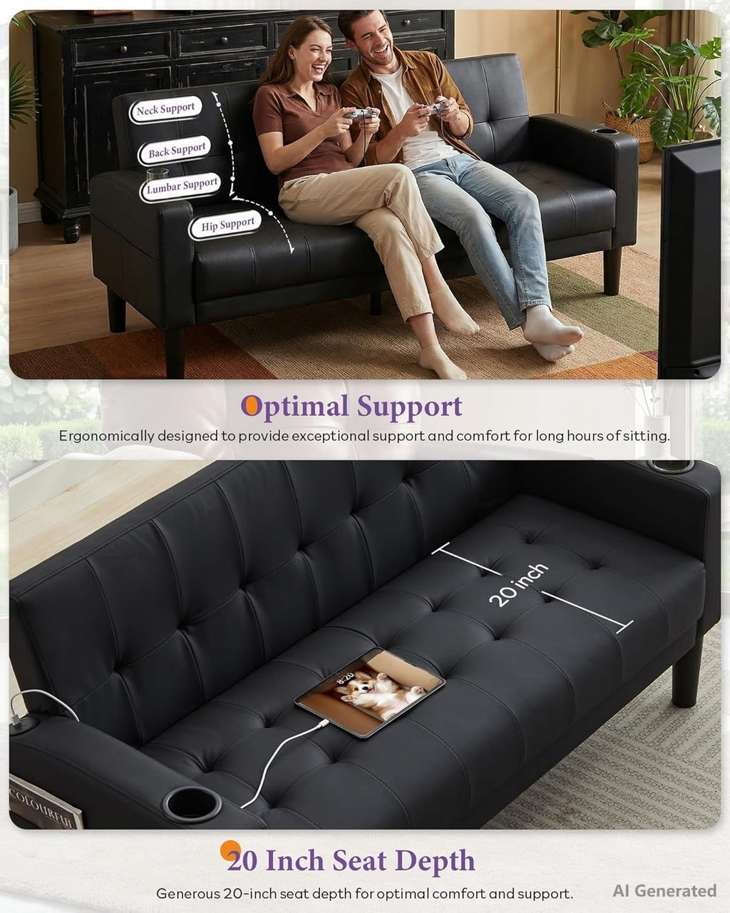 TYBOATLE Living Room Set, PU Leather Couch and Chairs w/USB & Type-C Ports
