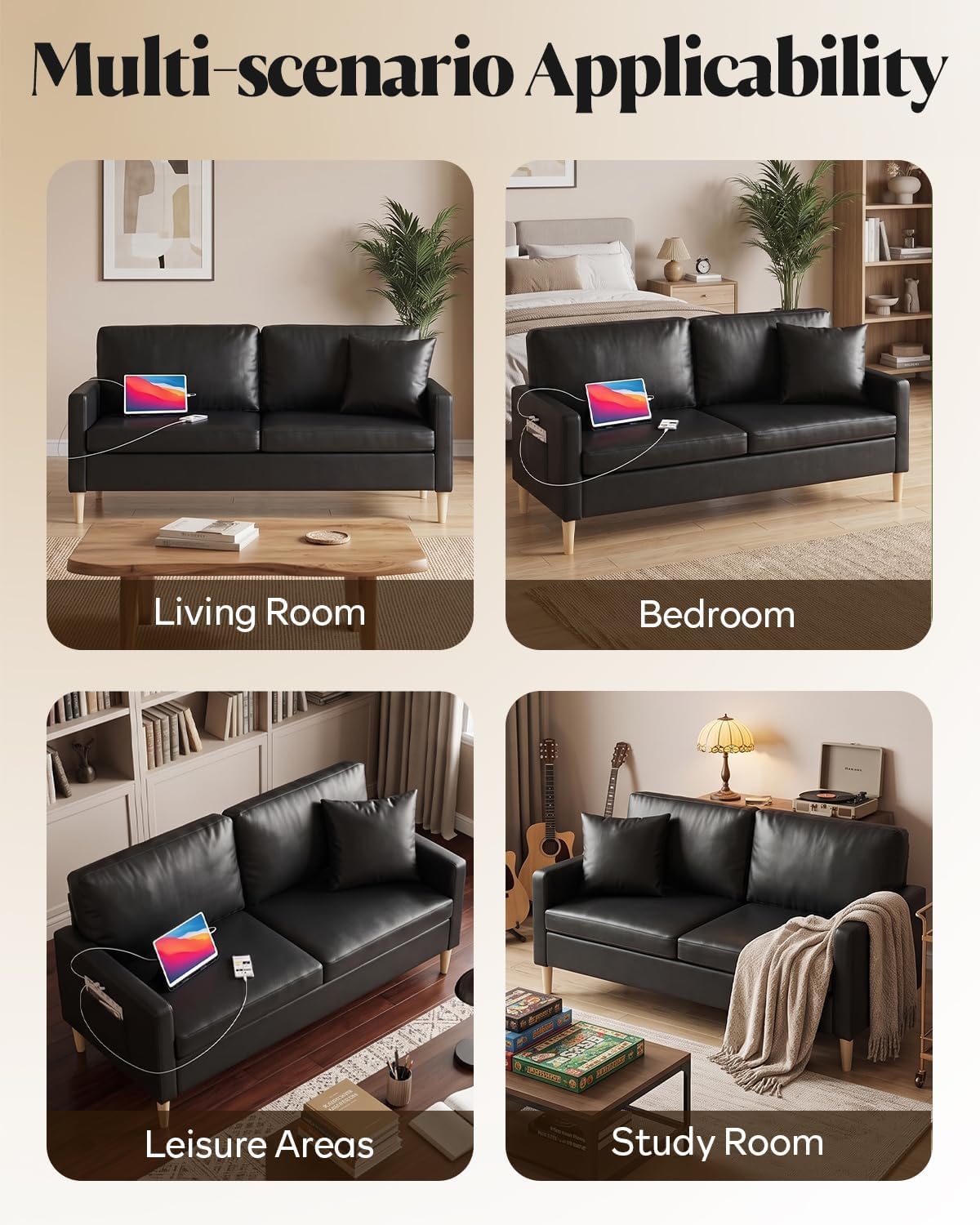 3 Piece Black Faux Leather Modern Small Couch and Chair Set for Office