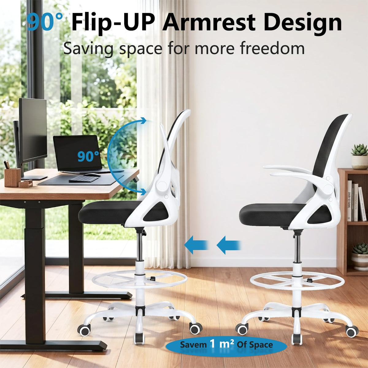 Kensaker Drafting Chair Tall Office Chair, Ergonomic Standing Desk Chair with Adjustable Foot Ring and Flip-up Armrests, Mesh Computer Chair for Art Studio, 300 LBS, Black