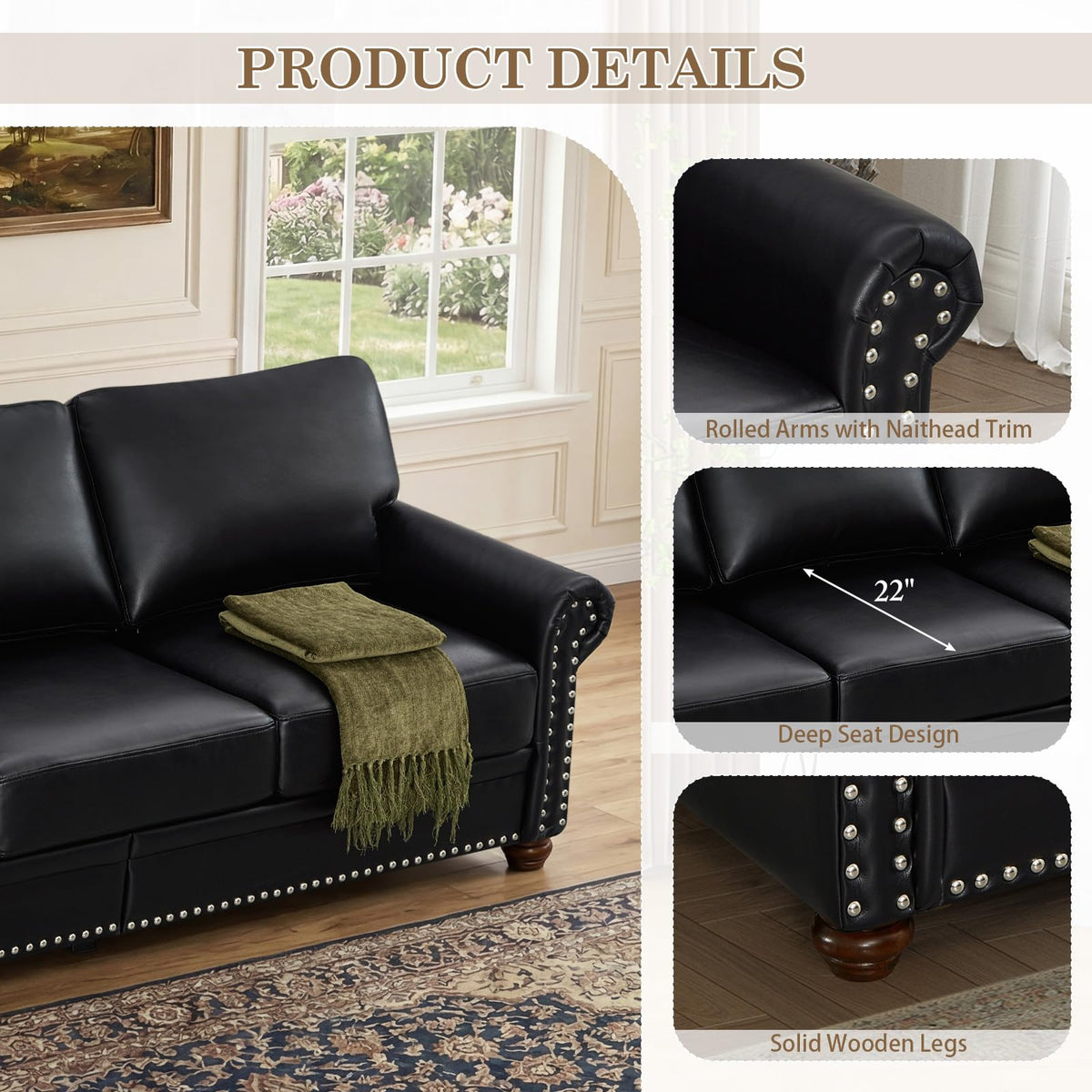 2 Piece Couch Sets for Living Room,Mid Century Modern Couch with Storage Nailhead Trim & Rolled Armrests,Deep Seat Comfy Couch,Furniture Set for Living Room,Bedroom,Office(Navy Blue,Loveseat+3 Seater)