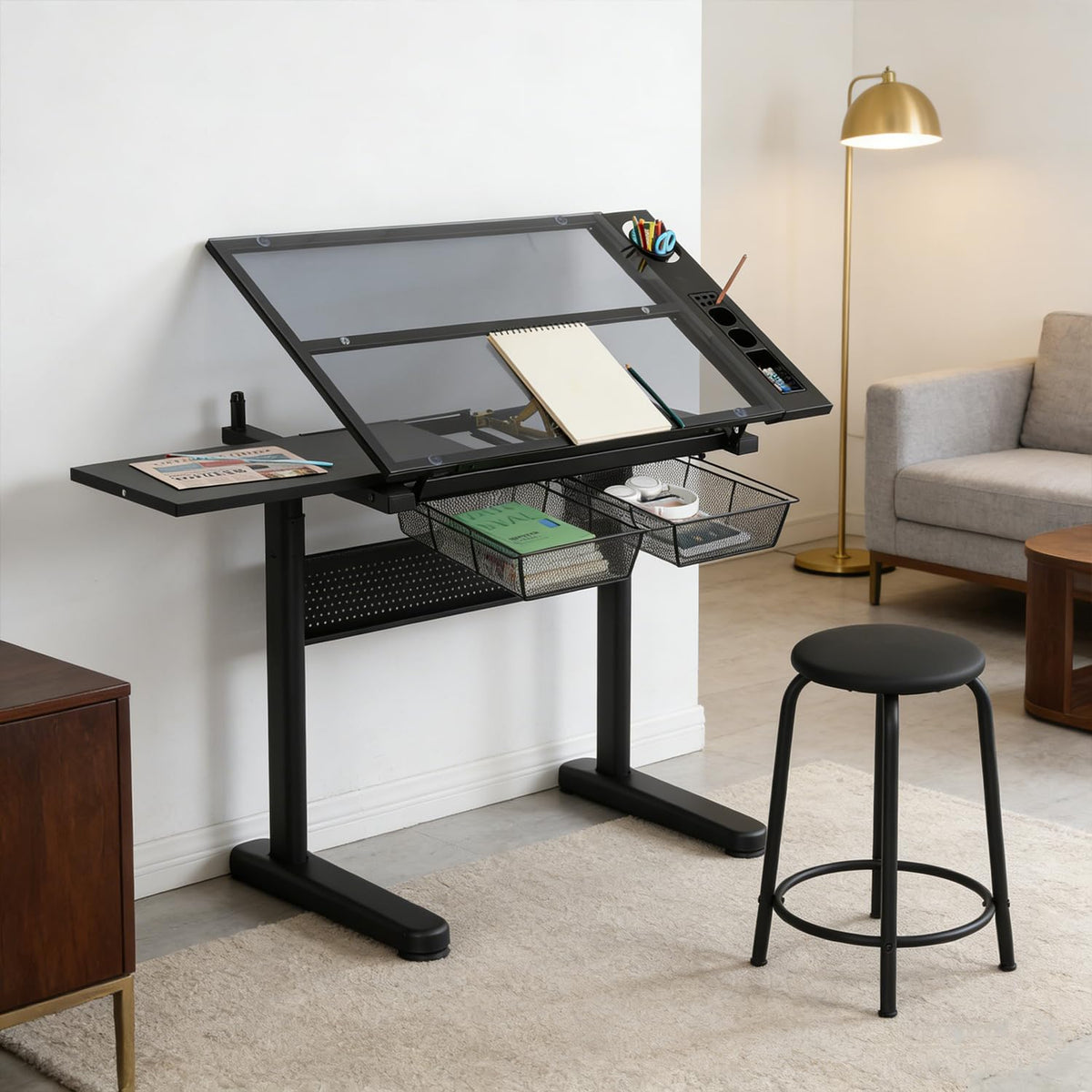 Drafting Table with Storage and Stool, Glass Art Desk for Adults Adjustable Height with 2 Metal Drawers, Craft Drawing Table Artist Desk with Extra Desktop for Reading/Writing/Studying (Black)
