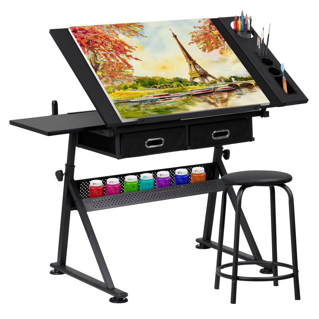 NOVA MICRODERMABRASION Adjustable Height Drafting Desk Drawing Table Tiltable Tabletop for Reading, Writing Art Craft w/Stool and Drawers