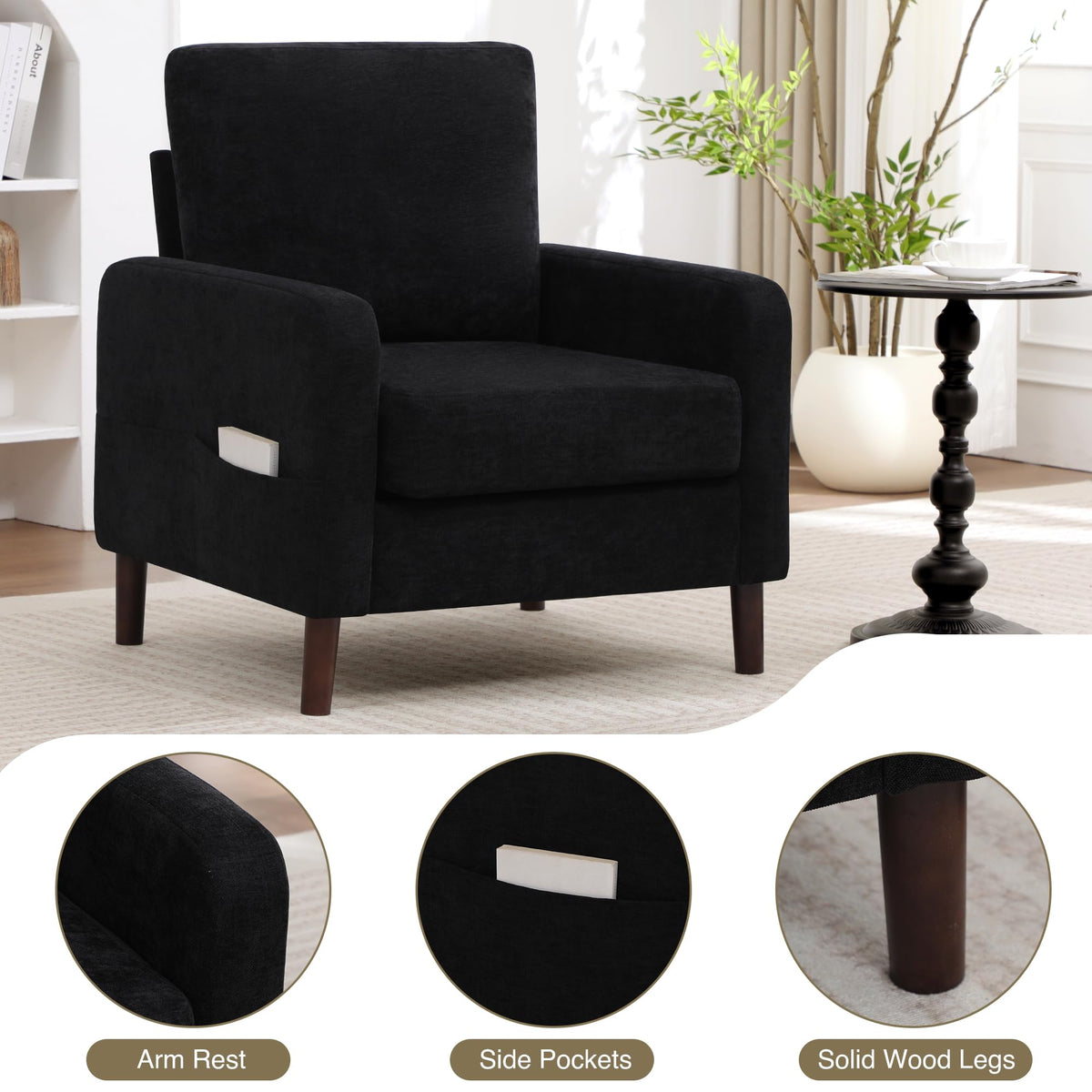 Accent Chair Set of 2, Upholstered Living Room Chairs with Wood Legs and Side Pockets, Modern Reading Chair for Bedroom, Armchair Single Sofa Side Chair for Office, Small Room, Dark Grey