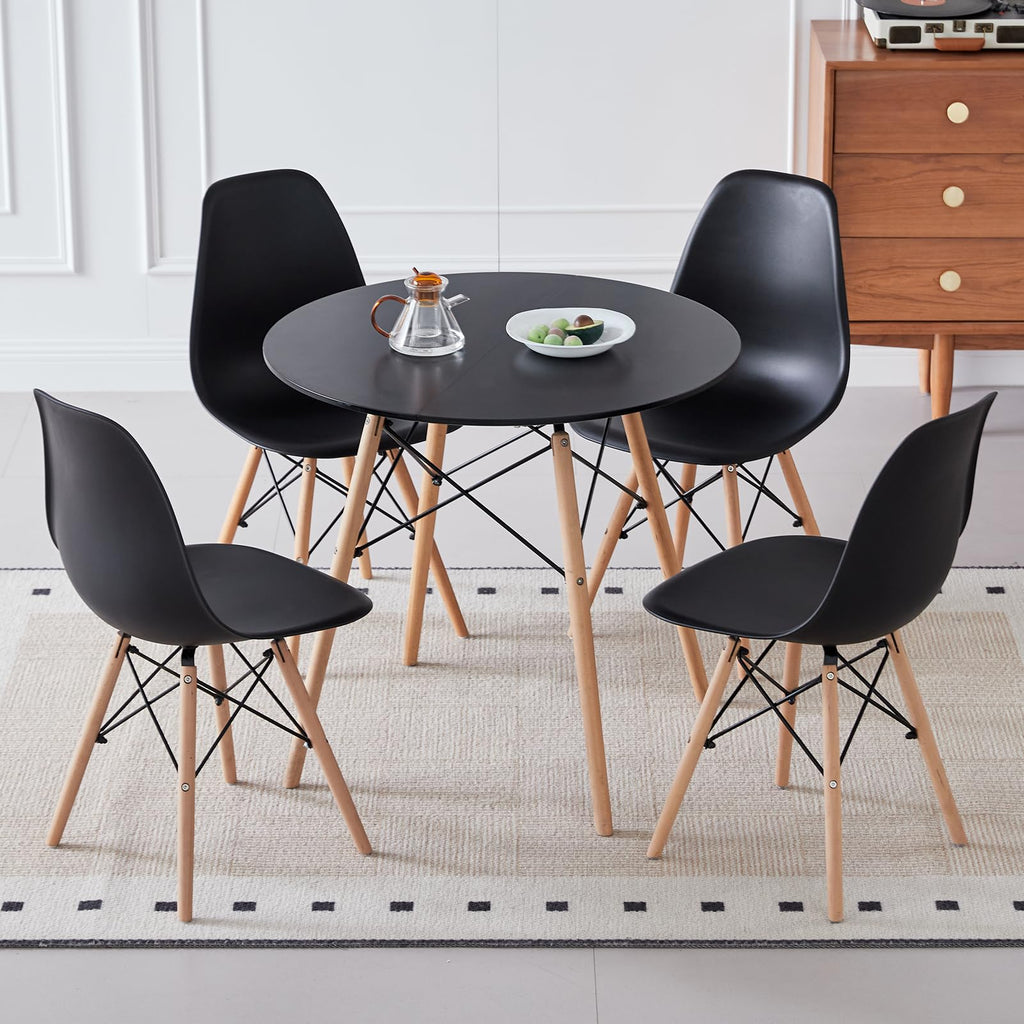 5-Piece Round Dining Set, 35.5" Black Table & Light Gray Chair