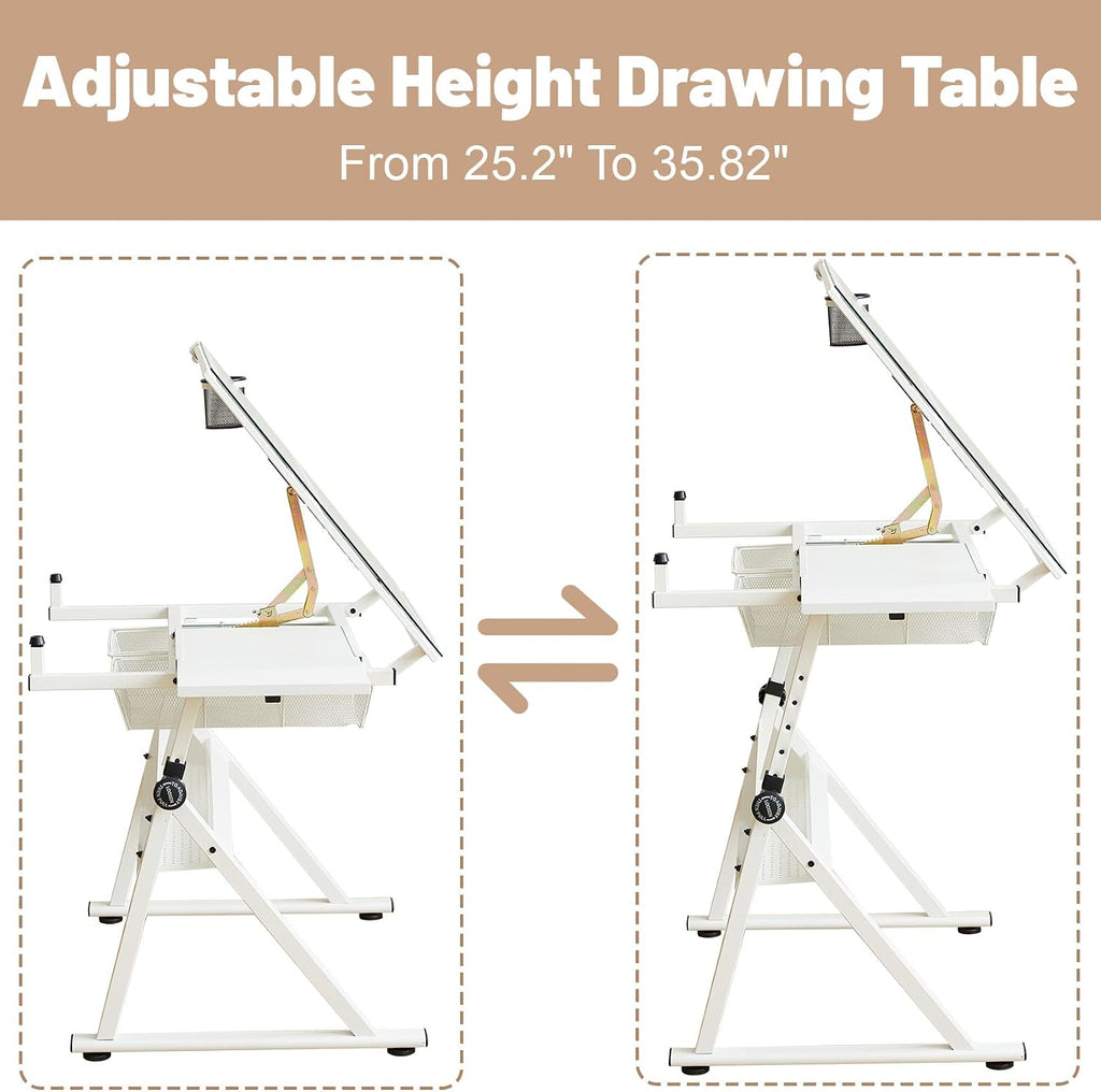 White Drafting Table with Stool Height Adjustable Art Craft Desk with Storage, Tilting Tempered Glass Tabletop, Expansion Board, Drawing Table for Home Office, Artists, Painters