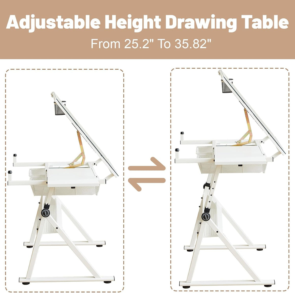 White Drafting Table with Stool Height Adjustable Art Craft Desk with Storage, Tilting Tempered Glass Tabletop, Expansion Board, Drawing Table for Home Office, Artists, Painters