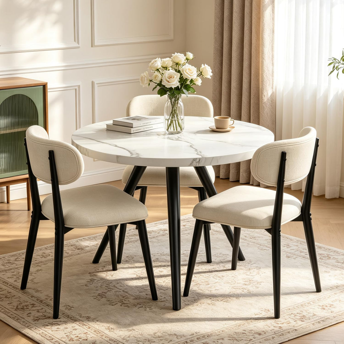 34.6" Round Dining Table Set for 4, Modern Kitchen Coffee Table Set, Walnut