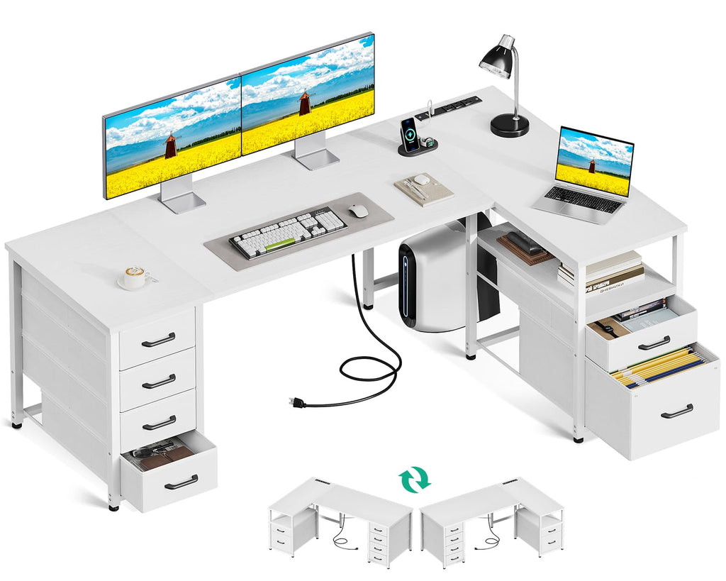 Coleshome 55 Inch L Shaped Office Desk with 6 Drawers, Power Outlet, White