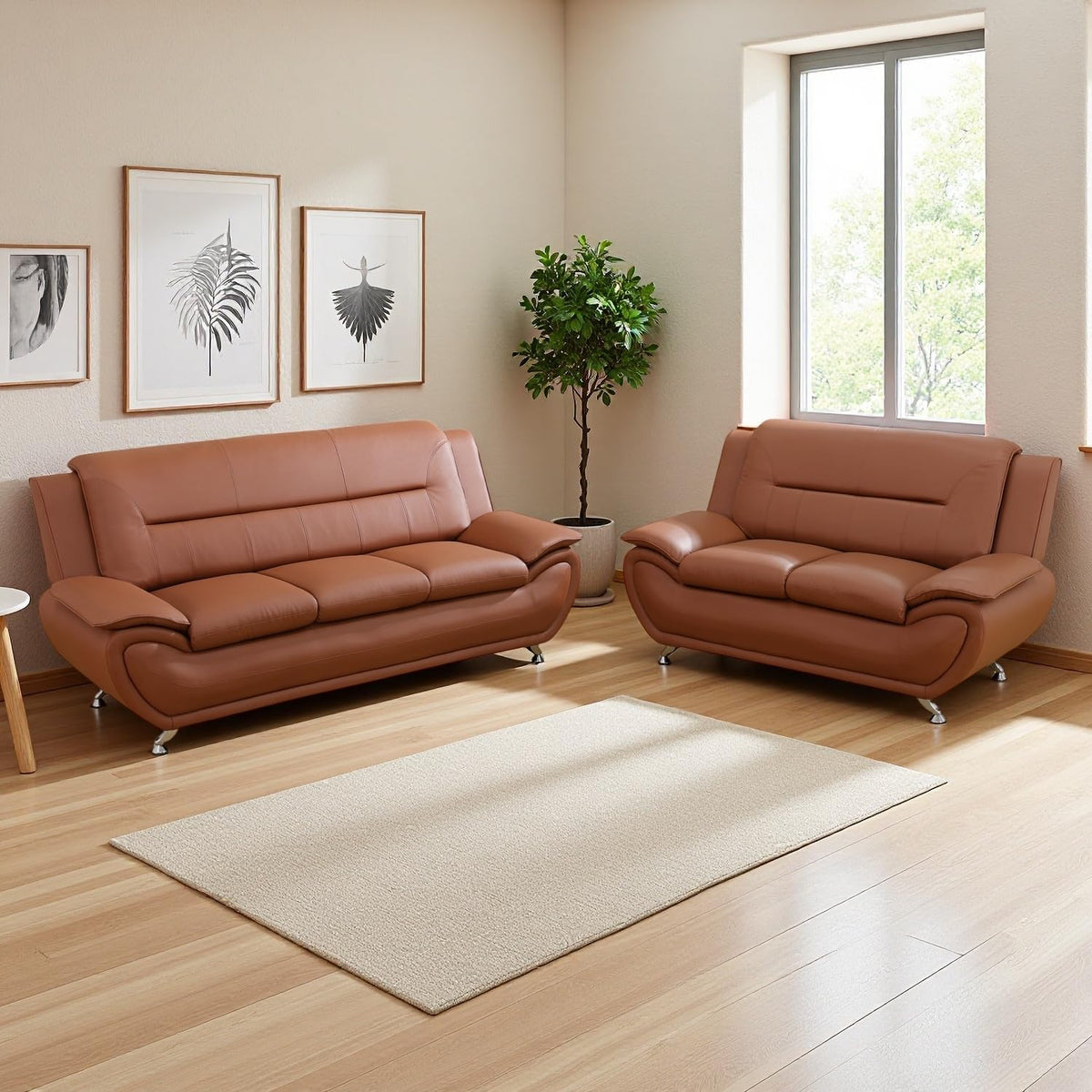 Leather Sectional Sofa Couches, Living Room Sofa and Loveseat Set, Faux Leather Couch and Loveseat Set for Office/Bedroom/Apartment, Cream