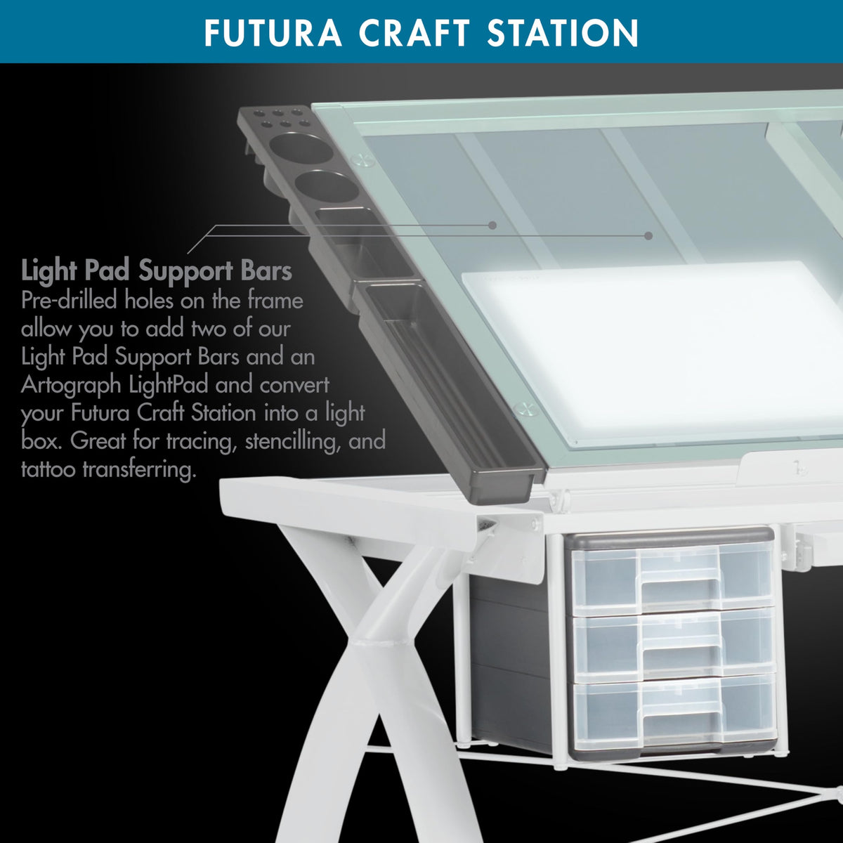 SD Studio Designs 10096 Futura Station with Folding Shelf Top Adjustable Drafting Craft Drawing Hobby Table Writing Studio Desk with Drawer, 35.5'' W x 23.75'' D, White/Clear Glass