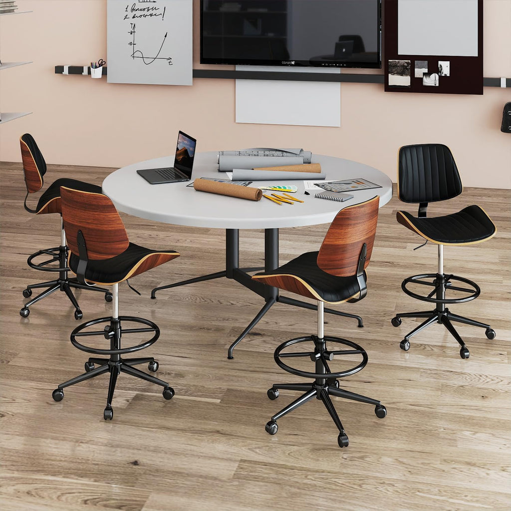 Drafting Chair, Ergonomic Office Chair with Walnut Wood Back Support, Armless PU Leather Desk Chair with Height-Adjustable, Thick Cushion for Home Office, Drafting, Art Studio (Black)