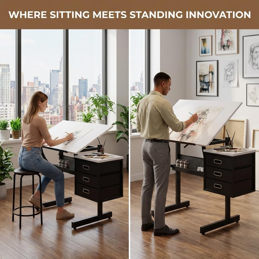 Adjustable Art Desk with Storage, 0-75Â° Tilting Drafting Table, 3 Drawers, Free Stool - Ideal for Diamond Painting, Architecture, Animation Projects (White)