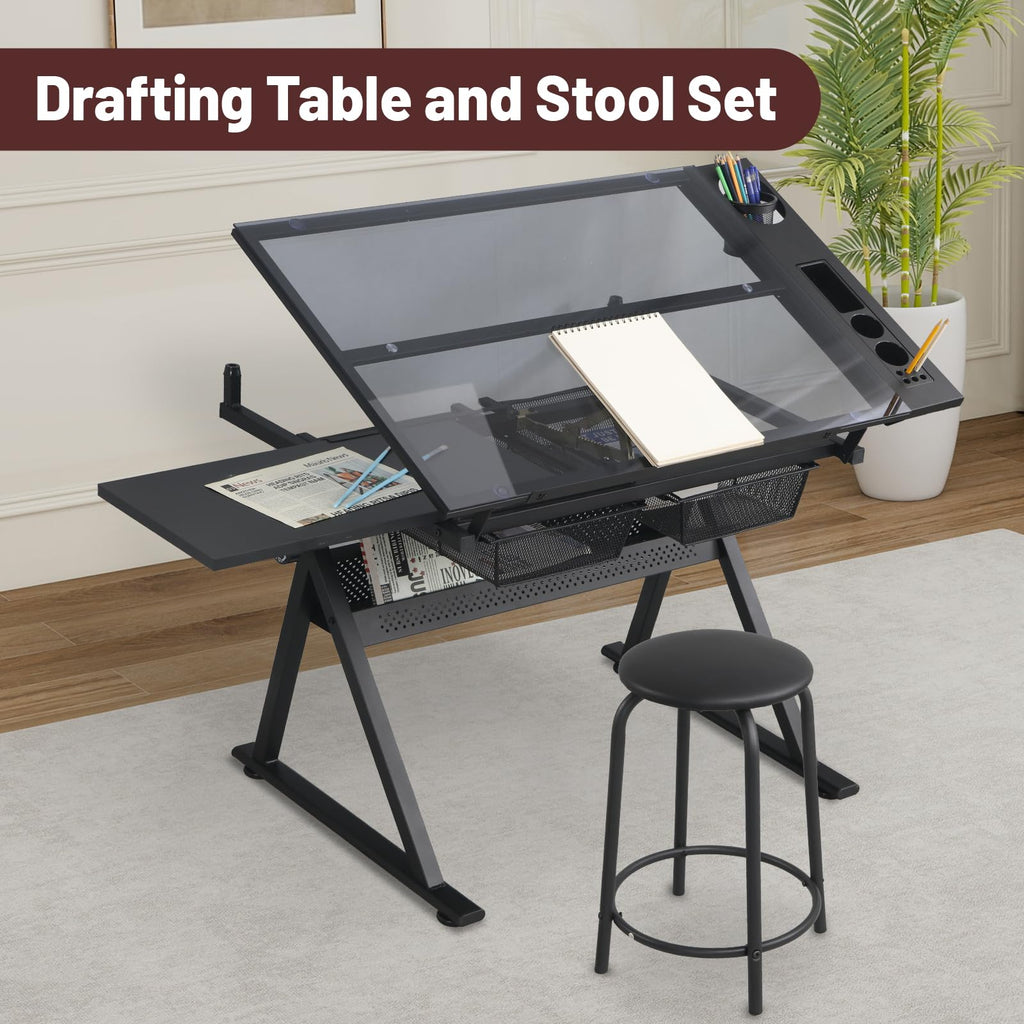White Drafting Table with Stool, Height Adjustable Art Craft Desk with Tilting Tempered Glass Tabletop, Expansion Board, Multi-Storage, Drawing Table for Studio, Artists, Home Office, Painters, White
