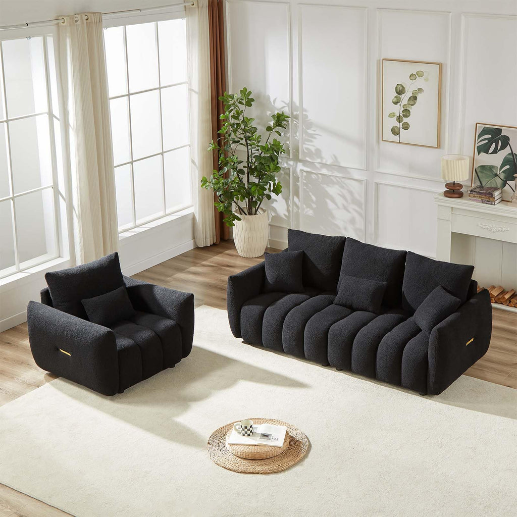 Antetek Teddy Fabric Sofa Set for Living Room, 2 Pieces Modern Deep Seat Oversized 3-Seater Cloud Boucle Couch for Bedroom, Office, Apartment, Furniture Set, 78-inch, Black (2 Pieces)