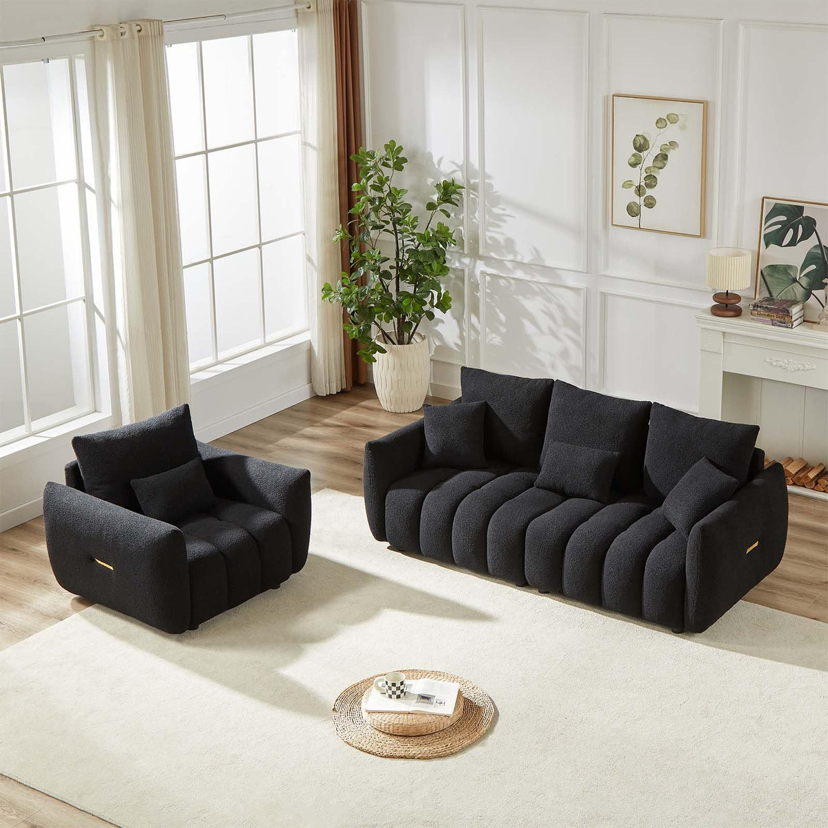 Antetek Teddy Fabric Sofa Set for Living Room, 2 Pieces Modern Deep Seat Oversized 3-Seater Cloud Boucle Couch for Bedroom, Office, Apartment, Furniture Set, 78-inch, Black (2 Pieces)
