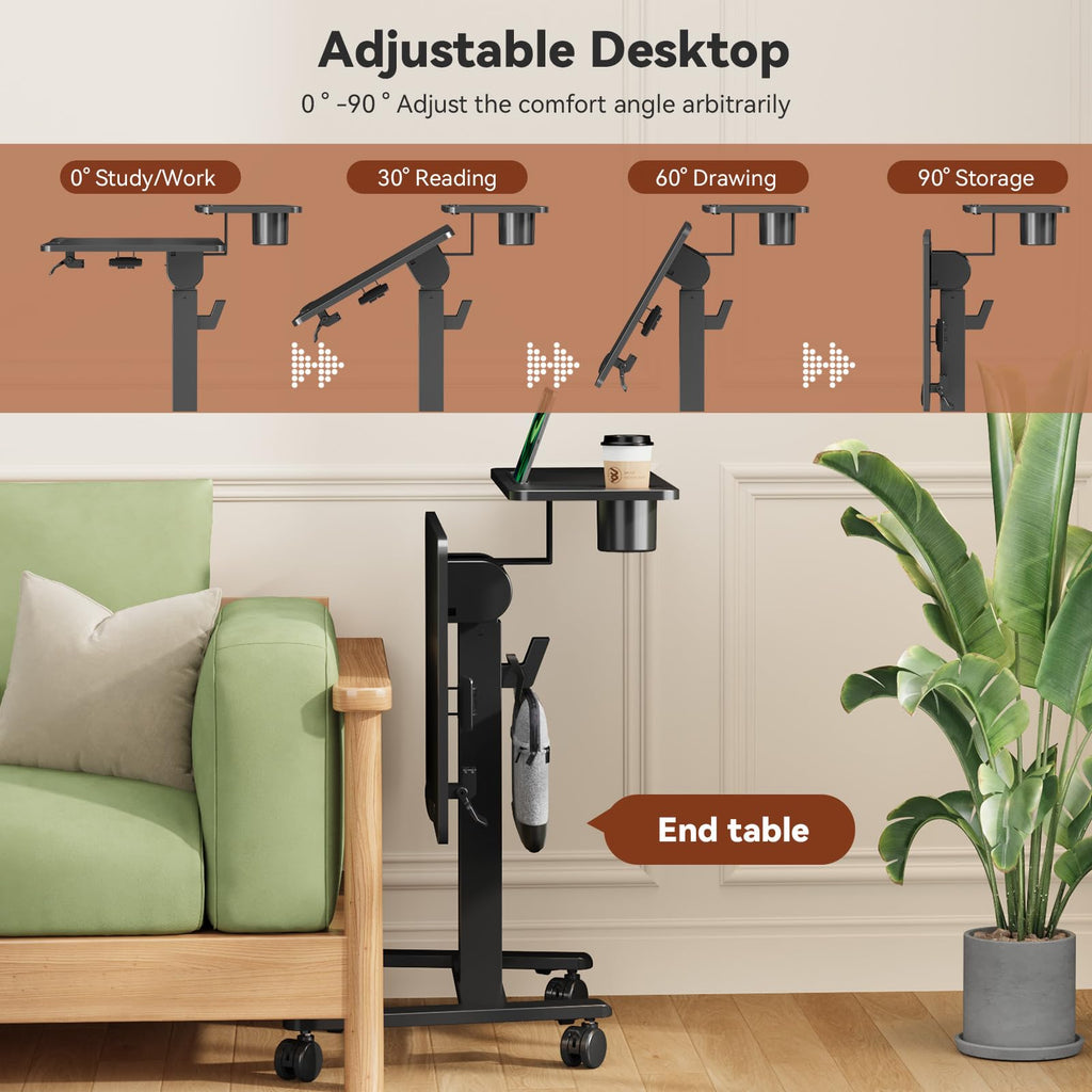 28" Mobile Standing Desk, Tiltable Top with 2-Tier Shelves, White