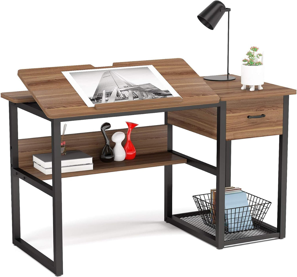 Lailang 47 Inch Computer Desk, Rectangular Office Desk, Drafting Table with Storage, Wood PC Desk, Art Desk for Adults, Small Writing Desk, 47 x 24 x 30 Inch, Walnut Black