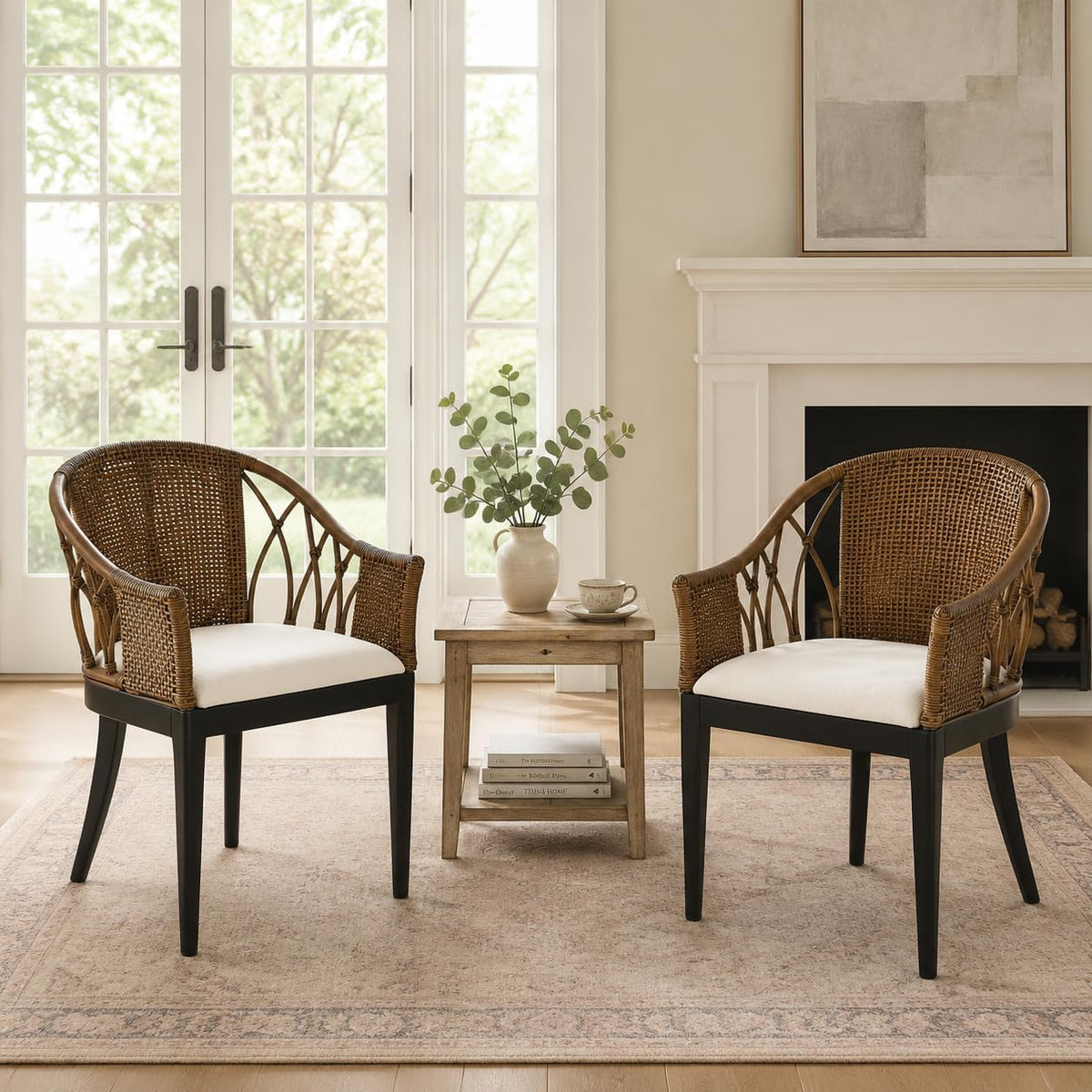 DUHOME 2 Sets Wood Rattan Arm Accent Chairs Natural Wash/White Cushion