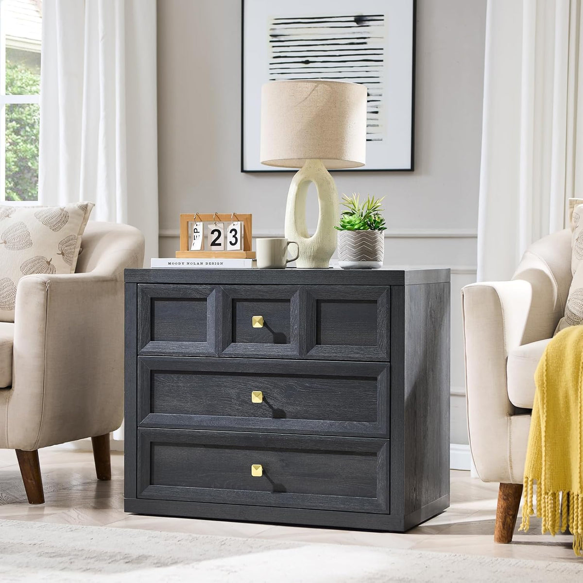 3 Drawers Nightstand Set of 2 W/Charging Station, 30.7" W King Size Bedside Table with 3 Drawers, Accent End Table W/Large Storage, Modern Wood Side Table for Bedroom,Office (2 Pieces, Gray Black)