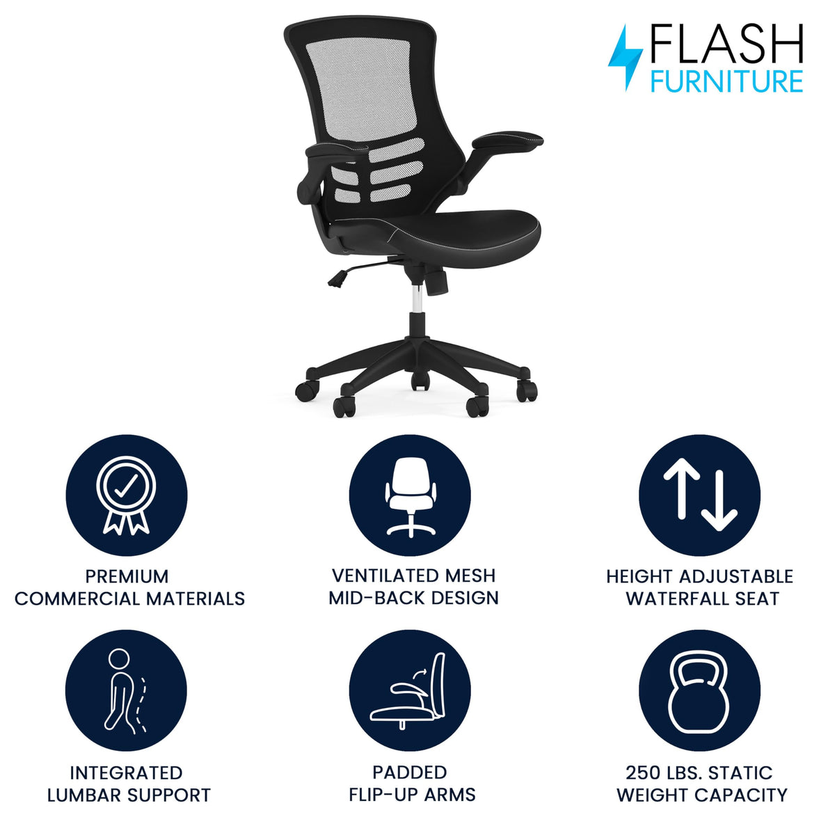 Flash Furniture Set of 4 Mid-Back Swivel Ergonomic Task Office Chairs with Flip-Up Arms, Black Mesh
