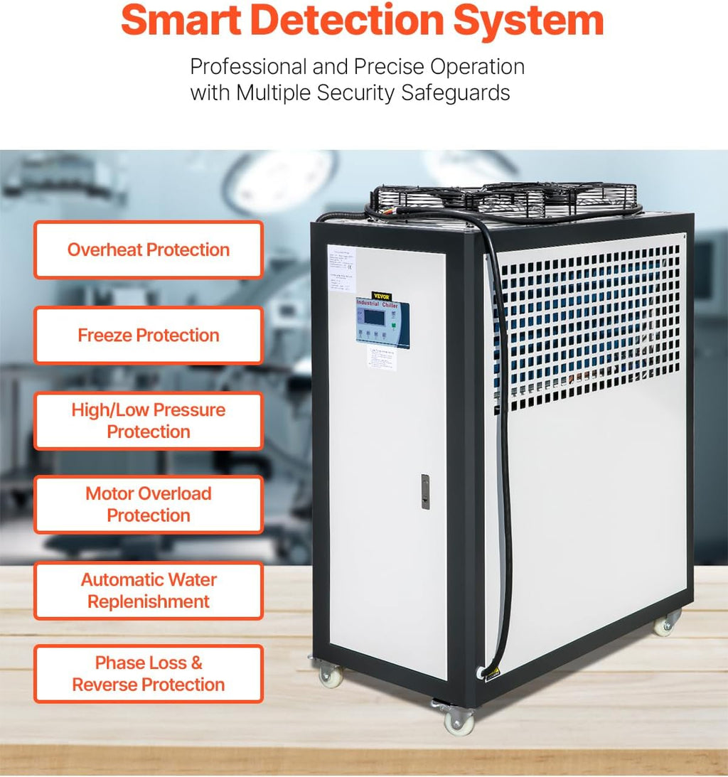 VEVOR Air Cooled Water Chiller, 5 Ton Portable, 5HP/3.75KW Compressor Motor, 53L Capacity Stainless Steel Water Tank, Finned Condenser with Micro-Computer Control, Industrial Chiller for Cooling Water
