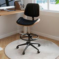 Drafting Chair, Ergonomic Office Chair with Walnut Wood Back Support, Armless PU Leather Desk Chair with Height-Adjustable, Thick Cushion for Home Office, Drafting, Art Studio (Black)