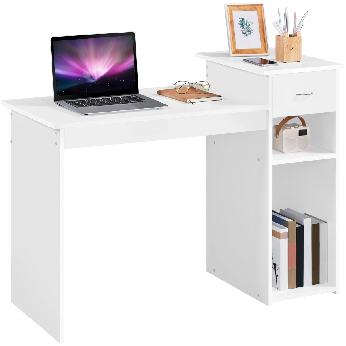Yaheetech Black Computer Desk and Chair Set with Drawer, Shelves, Mesh Seat
