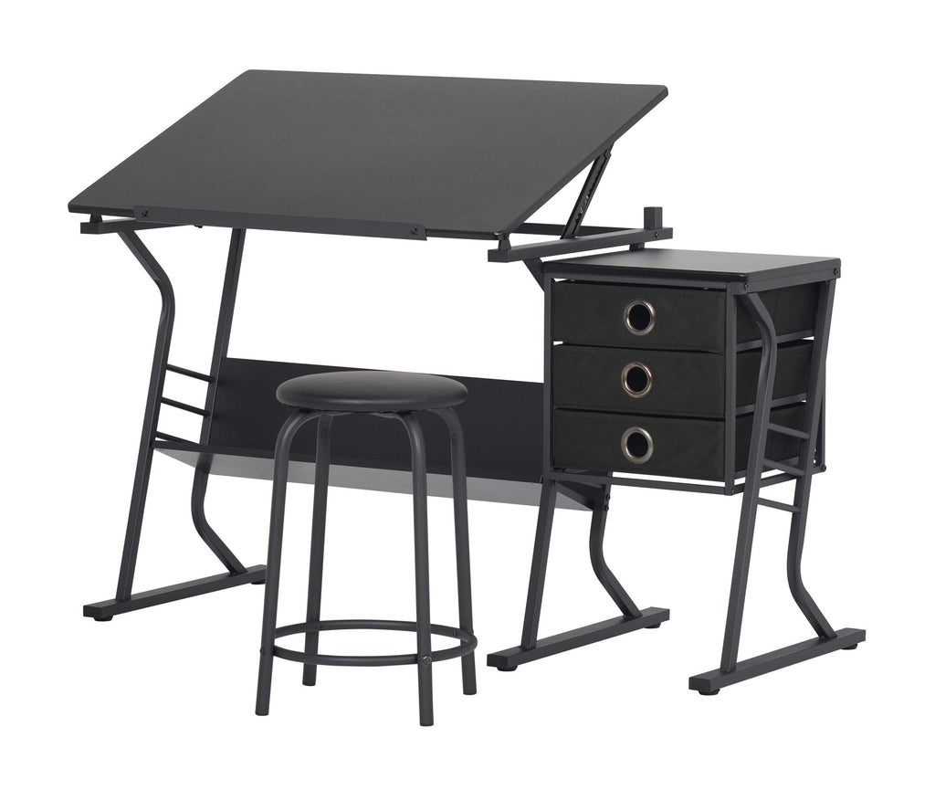 2 Piece Eclipse Ultra Center/Drawing Table with Stool, Angle Adjustable Top, Storage Shelves, and Drawers