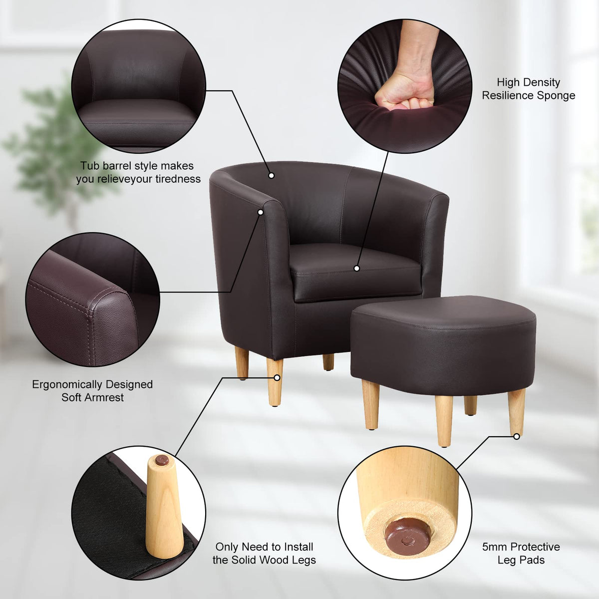 DAZONE Accent Chair with Ottoman, Modern Comfy Armchair Upholstered Barrel Club Chair and Footrest Set, Fabric Tub Arm Chairs for Living Room Bedroom Small Spaces Apartment Office, Set of 2, Gray