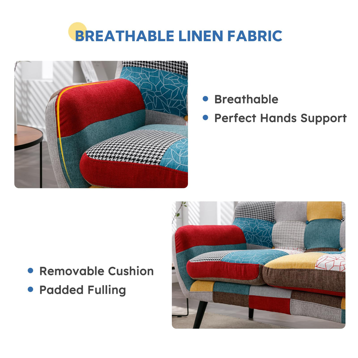 Bonzy Home Modern Colorful 2 Piece Coroful Fabric Sofa Set, Included Accent Chairs and Boho Loveseat Sofa, Linen Patchwork Plaid Couches with Rubberwood Legs and Removable Upholstered for Living Room