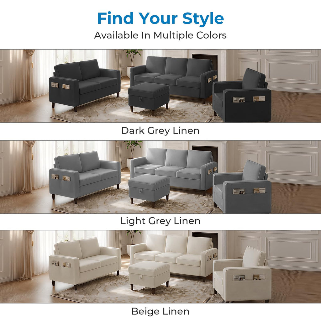Mjkone 78"W 3 Pieces Sofa Couches Set for Living Room Sets Furniture, Sectional L Shaped 3-Seater Small Sofas Couch and Loveseat Sets with Storage Ottoman and Side Pockets for Home Office, Light Gray
