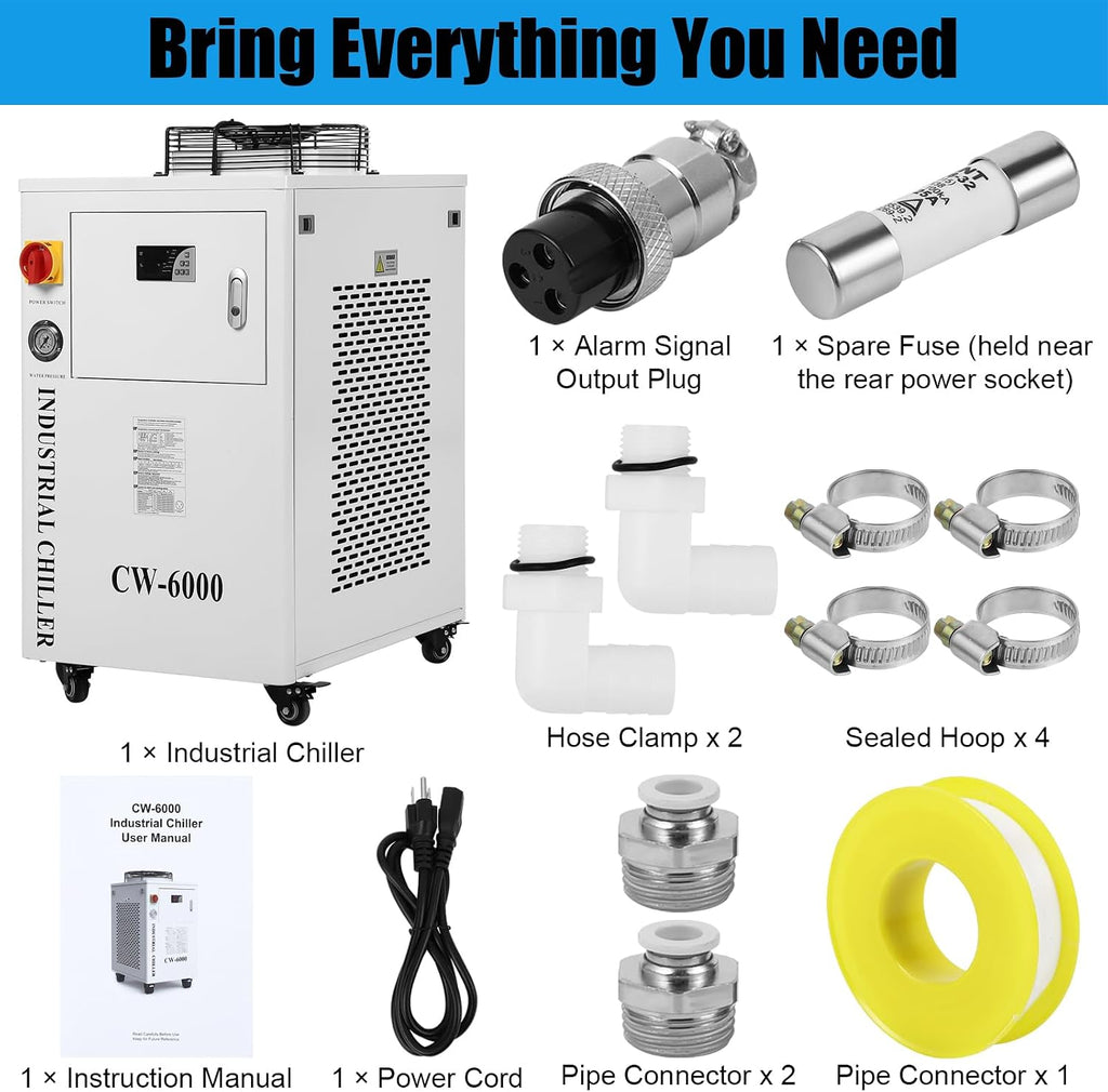 15L Industrial Water Chiller CW-6000 with Advanced Dual-Port Cooling System, High-Flow 0.73HP Pump, Precision Dual-Mode Temperature Control, for 60W-150W CO2 Laser Engraving & Cutting Machines