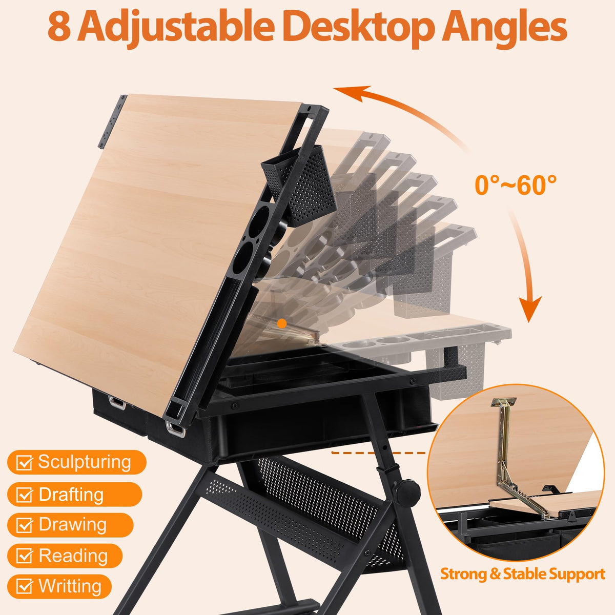 SUPER DEAL Drafting Table Set with Charging Station, Height Adjustable Tilting Drawing Desk Artist Desk with Stool Multifunctional Art Craft Workstation with 2 Storage Drawers for Home Office School