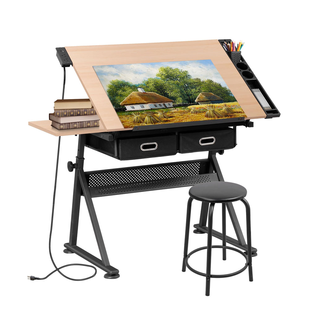 SUPER DEAL Drafting Table Set with Charging Station, Height Adjustable Tilting Drawing Desk Artist Desk with Stool Multifunctional Art Craft Workstation with 2 Storage Drawers for Home Office School