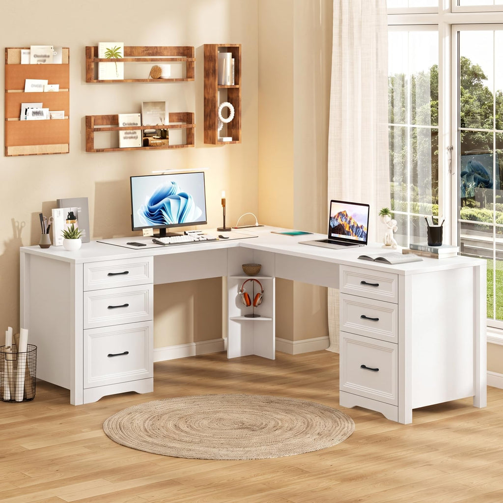Halitaa Farmhouse Home Office Desk with 6 Drawers, L Shaped Executive Desk with Power Outlets and Triangle Under-Desk Storage Shelf & Drawer File Cabinet, Corner Computer Desk, Grey
