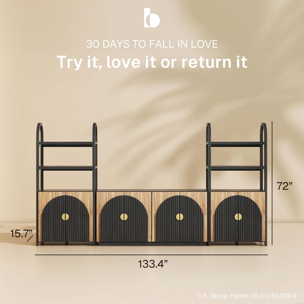 BELLEZE Book Shelf 72" Tall Arched Bookcase with Storage, 5 Tier Mid Century Modern Fluted Bookshelf with Doors, Modular Bookshelves for Living Room Office Library, Set of 2 (Caramel Brown)