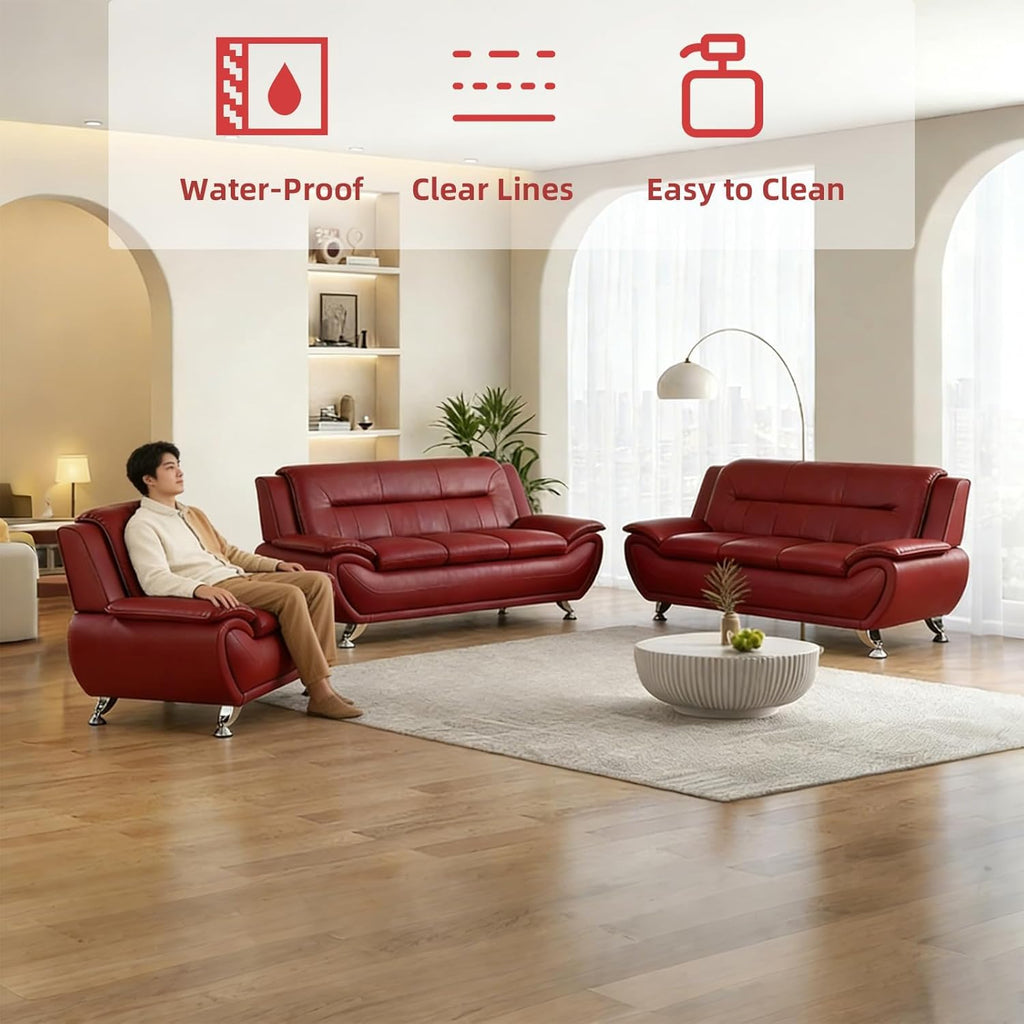 Modern Leather Sofa Set, Living Room Furniture, 3 - Piece Couch Set, Faux Leather Couch Loveseat Chair Set with Sturdy Legs for Living Room/Bedroom/Office,Black
