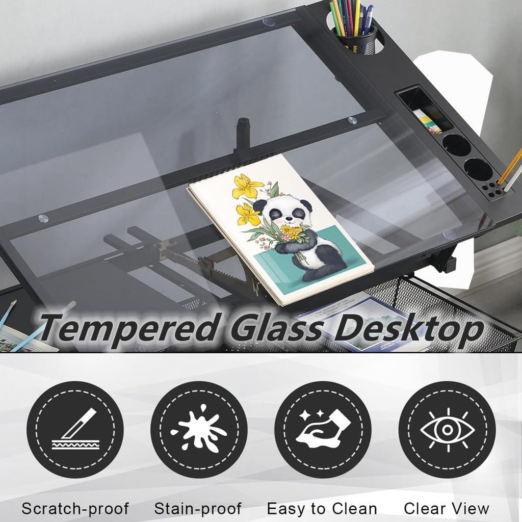 Drafting Table for Artists, Glass Drawing Table with Stool,T1-Black