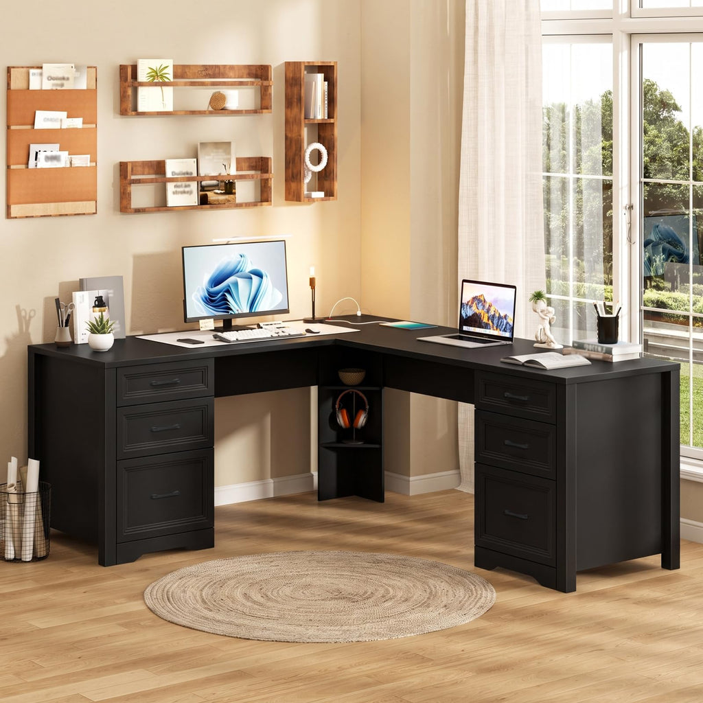 Halitaa Farmhouse Home Office Desk with 6 Drawers, L Shaped Executive Desk with Power Outlets and Triangle Under-Desk Storage Shelf & Drawer File Cabinet, Corner Computer Desk, Grey