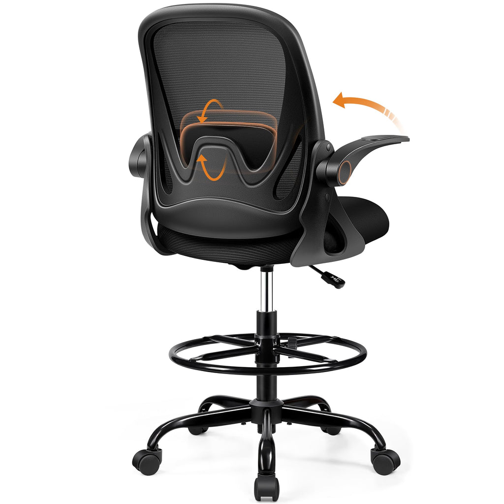 Drafting Chair Tall Office Chair with Flip-up Armrests, Adjustable Height, and Enhanced Lumbar Support - Ergonomic Rolling Stool, Back Support, and Adjustable Foot Rest Ring for Standing Desk White