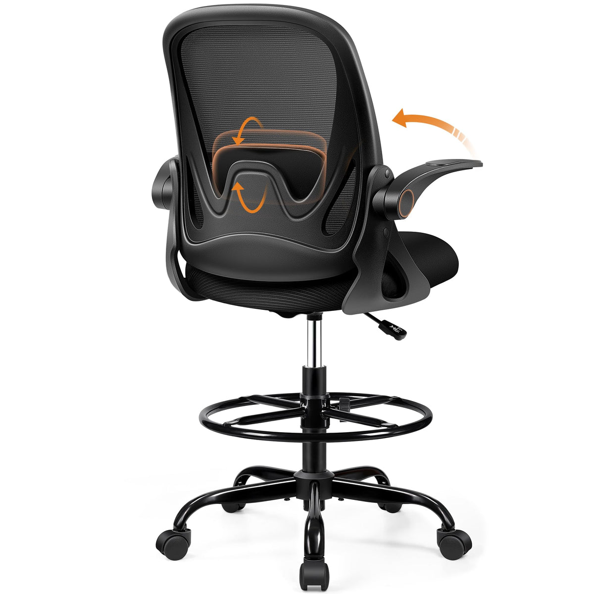 Drafting Chair Tall Office Chair with Flip-up Armrests, Adjustable Height, and Enhanced Lumbar Support - Ergonomic Rolling Stool, Back Support, and Adjustable Foot Rest Ring for Standing Desk White
