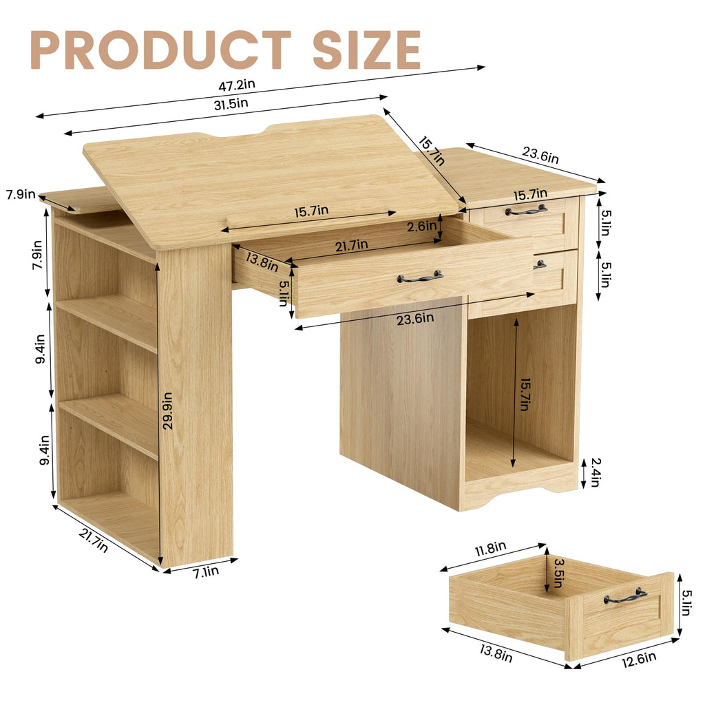 Drafting Table with Storage Cabinet & Drawers, Adjustable Drawing Desk with Open Shelves, Craft Table Painting Desk for Artists, Painters, Drawing, Crafting, Reading, Writing, Working