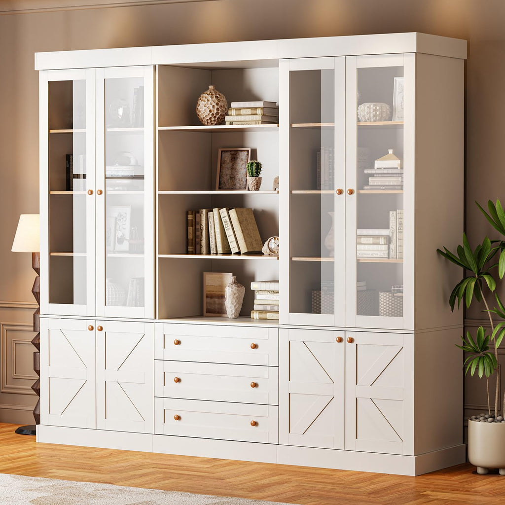 Vyre 71" Tall Farmhouse Bookshelves with Drawers, Set of 3 â Large Modular Bookcase with Adjustable Shelves, Storage Cabinet for Living Room, Kitchen, Home Office, Brown