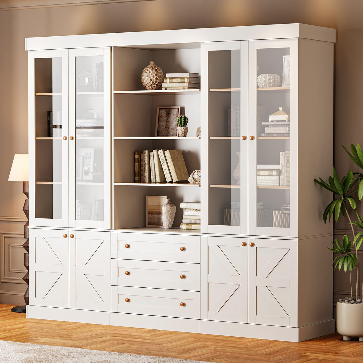 Vyre 71" Tall Farmhouse Bookshelves with Drawers, Set of 3 â Large Modular Bookcase with Adjustable Shelves, Storage Cabinet for Living Room, Kitchen, Home Office, Brown