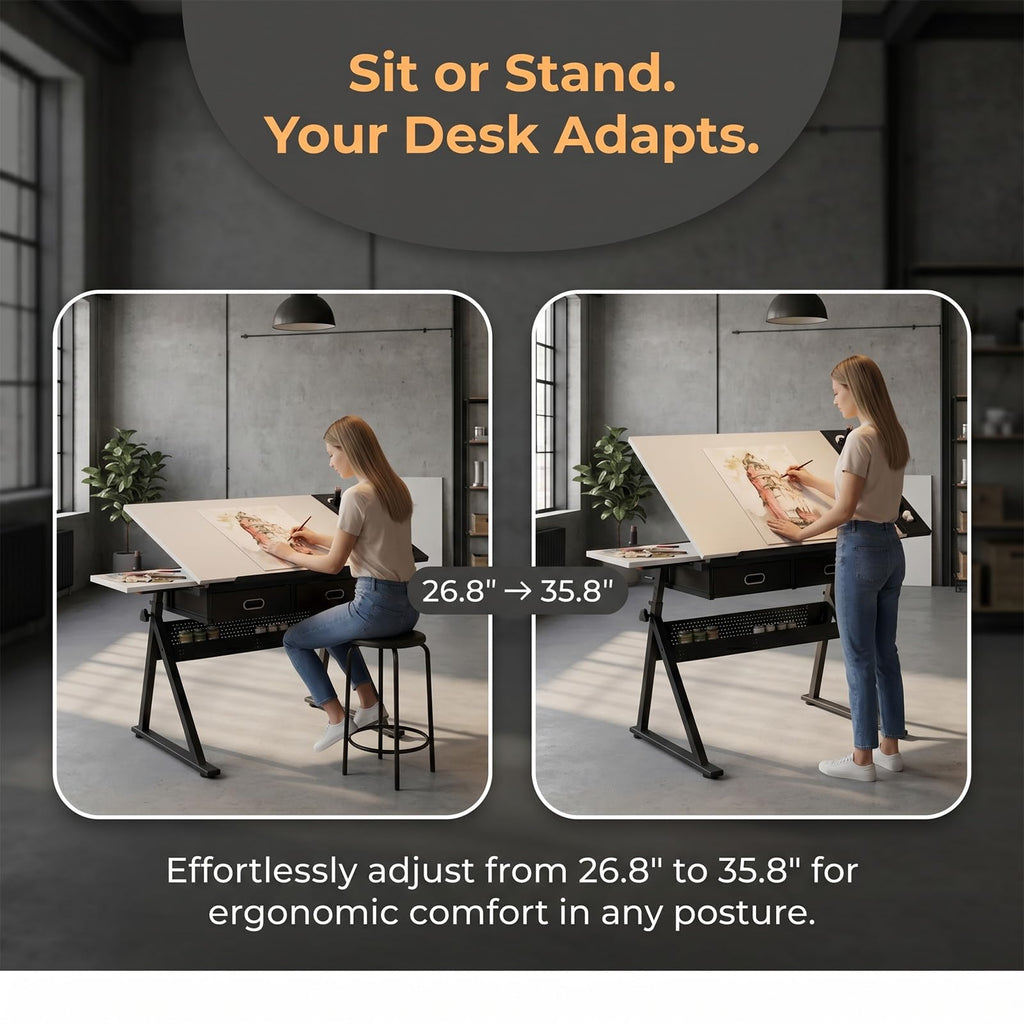 Height Adjustable Drafting Table Drawing Table Artist Desk Tilting Tabletop Art Craft Desk with 2 Storage Drawers and Stool, Art Craft Desk for Artist Painters Drawing Painting (All White)