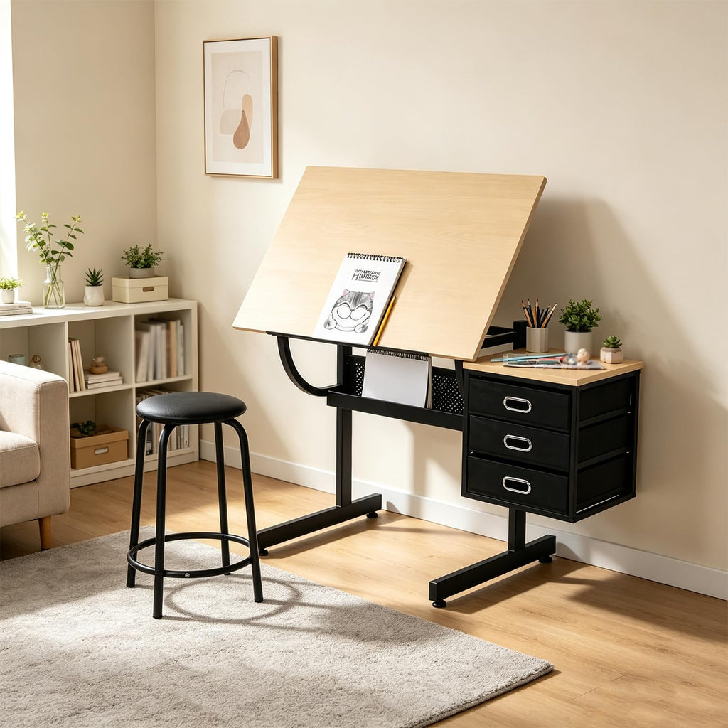 Adjustable Drawing Table with 3 Drawers and Stool, Black