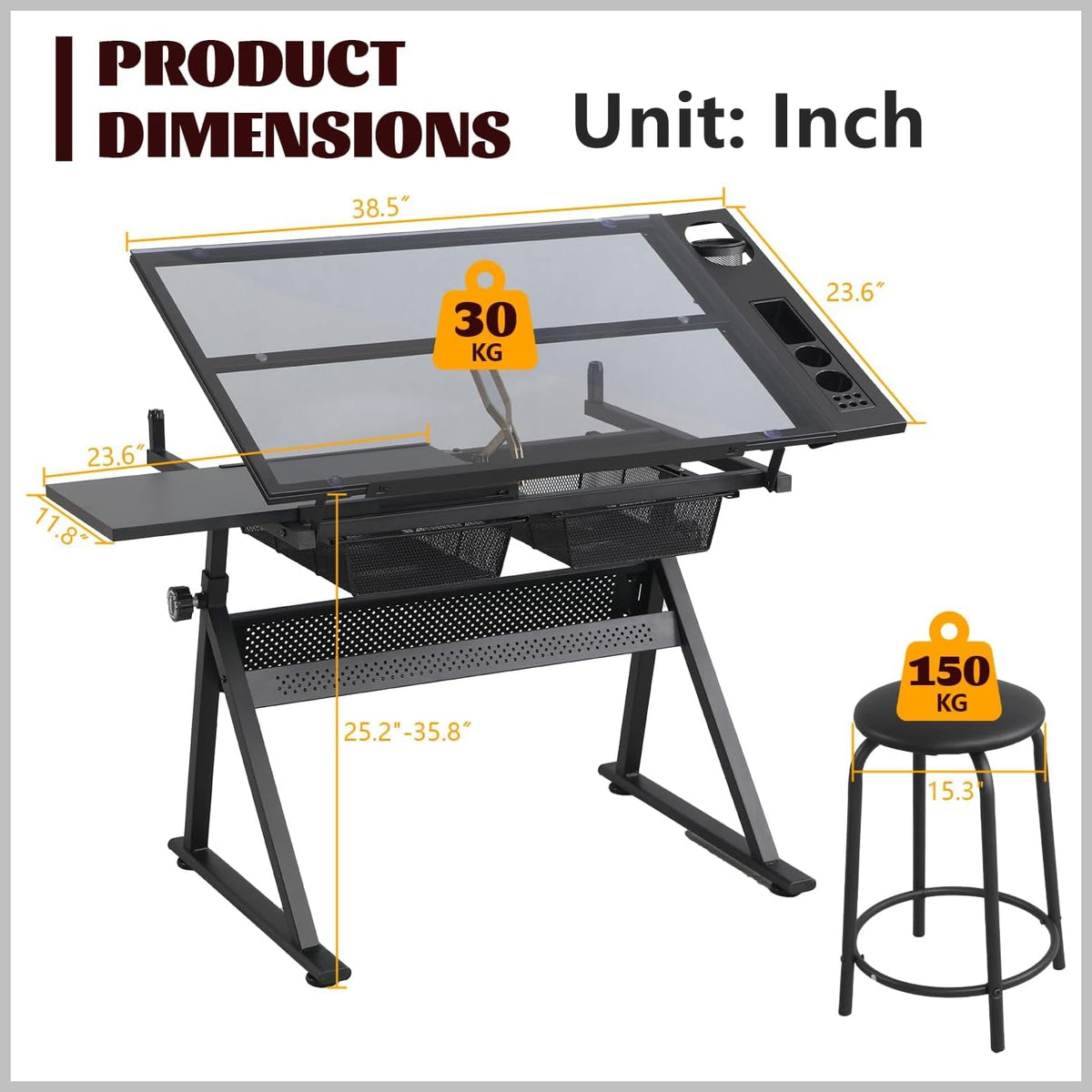 Drafting Table, Adjustable Height Drawing Table Art Table Painting Table Art Craft Desk with 0-75Â° Tilting Glass Tabletop and Storage Drawers, Black