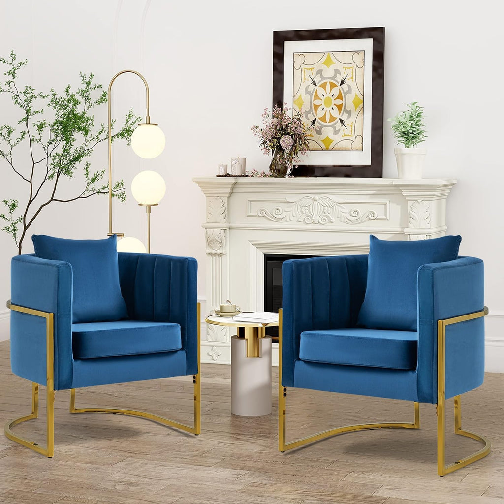 Velvet Accent Barrel Chairs Set of 2, Modern Arm Club Chair Set with Pillow for Living Room/Bedroom/Guest Reception, Channel Tufted, Gold Finish Base, Orange